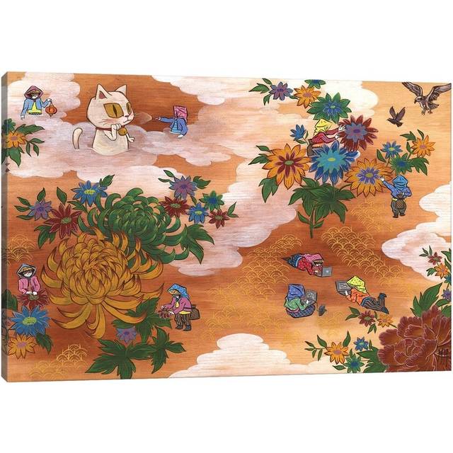 Peony Cat by Martin Hsu - Graphic Art Print on Canvas - Wrapped Canvas (45.72cm H x 66.04cm W x 3.81cm D)