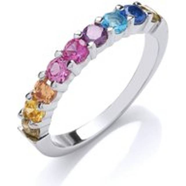 (N) Jewelco London Unisex Rhodium Plated Sterling Silver Multi Colour Cubic Zirconia Rainbow Half Eternity Ring 3mm