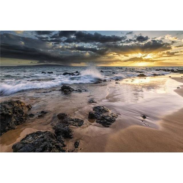 Water Splashing On The Beach with A Golden Sunset Over The Ocean - Hawaii United States of America Poster Print by Scott Mead, 19 x 12