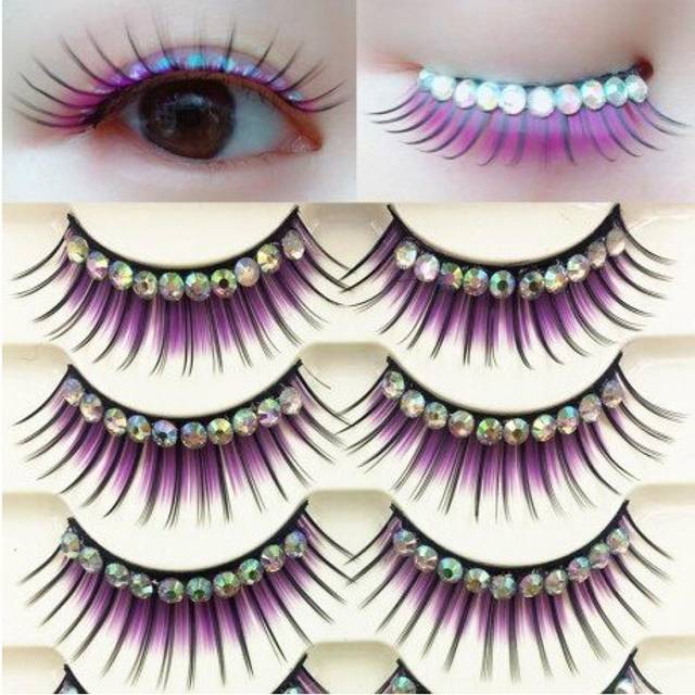 (blue A) YOKPN Colored False Eyelashes Exaggerated Latin Performance Thick Fake Eyelashes Shimmery Show Color Big Eye Makeup Lashes Glue