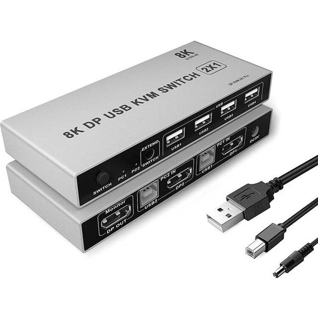 KVM Switch 2 Port 8K 60Hz USB and DP Switcher for 2 Computer Share Keyboard Mouse Printer Monitor for Laptop