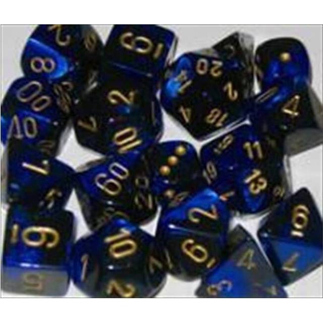 chessex Manufacturing 26435 cube gemini Set Of 7 Dice - Black & Blue With gold Numbering