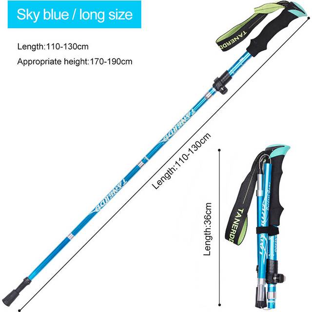 (Sky blue, Long) Folding Trekking Poles Adjustable Walking Stick 5-Sections Aluminum Alpenstock