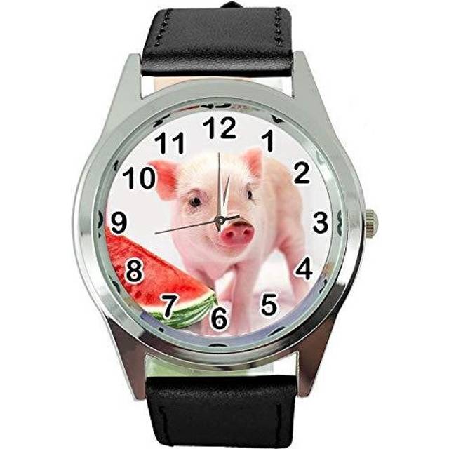 Watch Analogue Quartz with Real Leather Band Black Round for Piglet Babe Fans