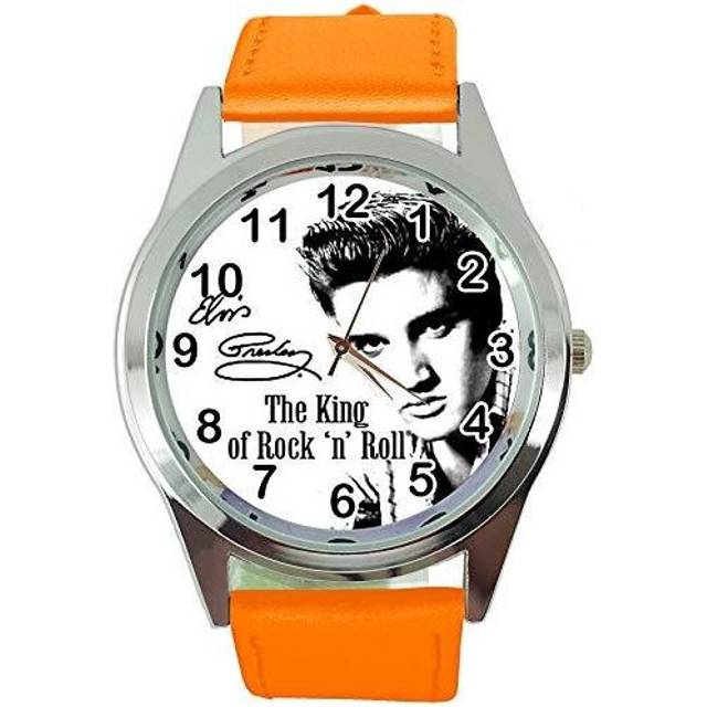 Watch Analogue Quartz with Real Leather Band Orange Round for Fan of Elvis Presley e0