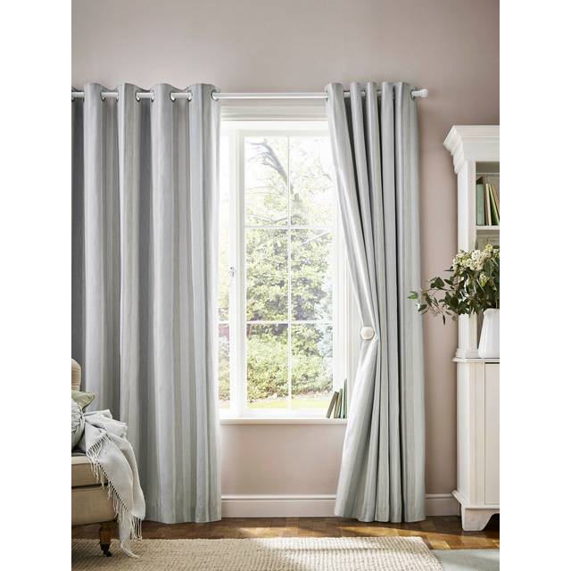 Laura Ashley Awning Stripe Blackout Ready Made Eyelet Curtains Smoke Green