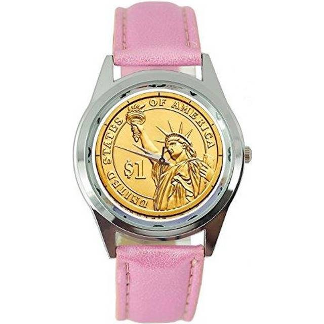 USA Gold State of Liberty Dollar Coin Quartz Round Watch Real Pink Leather Band