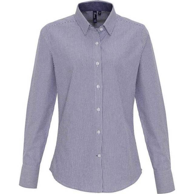 (XS, White/Navy) Premier Womens/Ladies Striped Oxford Long-Sleeved Formal Shirt