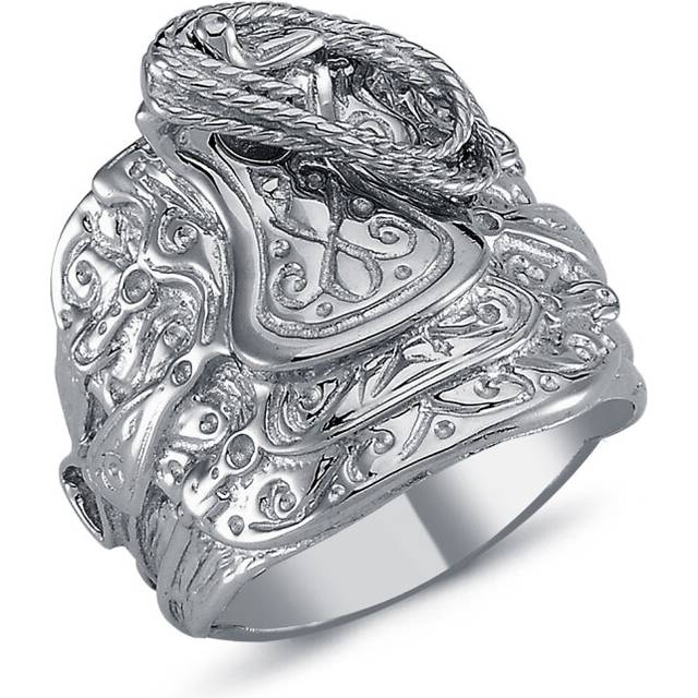 (X) Jewelco London Mens Rhodium Plated Sterling Silver Horse Rope Saddle Ring 22mm