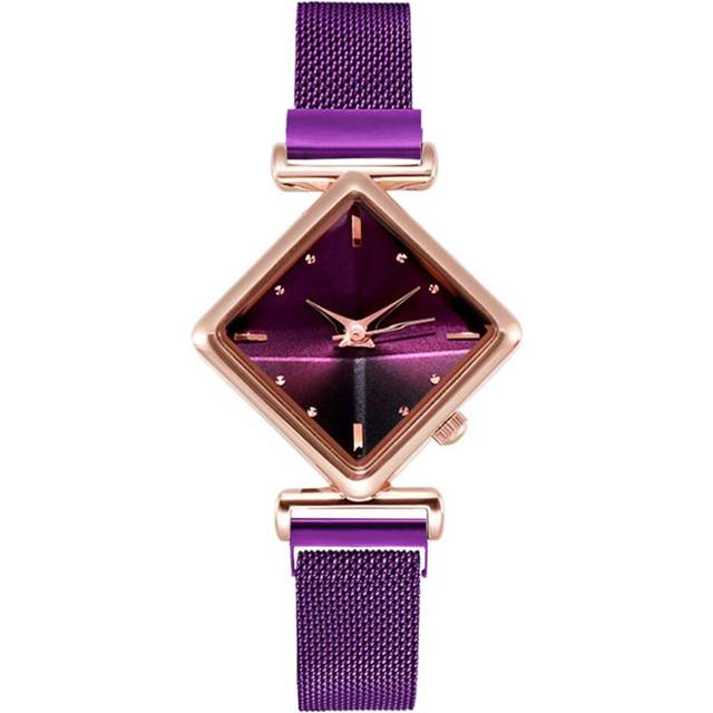 2 Pcs Women Simple Purple Magnetic Square Dial Belt Quartz Clock Ladies Wrist Watch