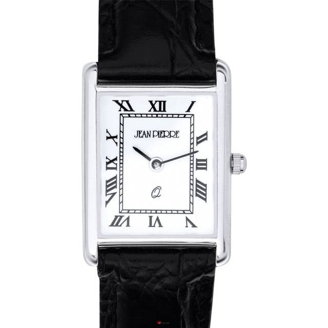 Sterling Silver Ladies Wristwatch Rectangle Roman Numerals Black Leather Strap