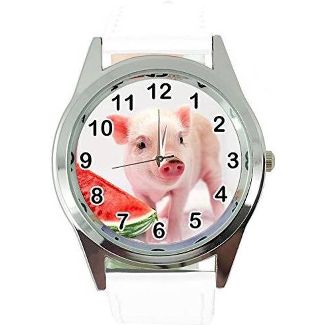 Watch Analogue Quartz with Real Leather Band White Round for Piglet Babe Fans