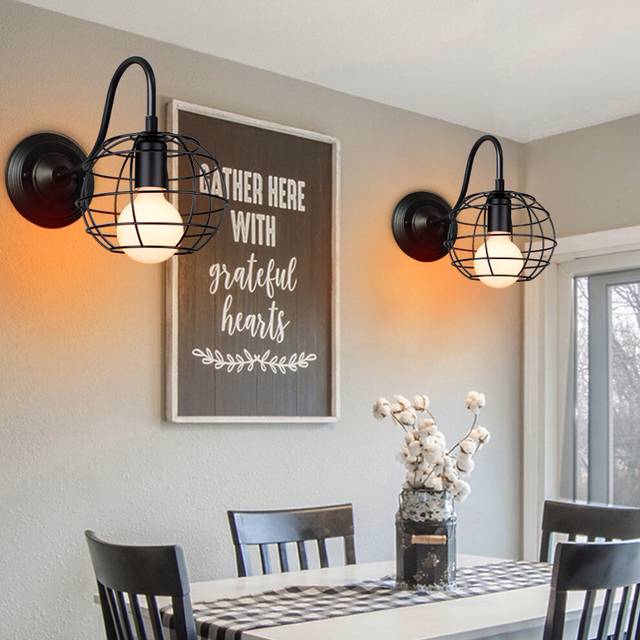 2 Pack Round Wall Light Vintage Metal Cage Wall Light Retro Industrial Wall Lamp Black for Home Restaurant Bedroom Office
