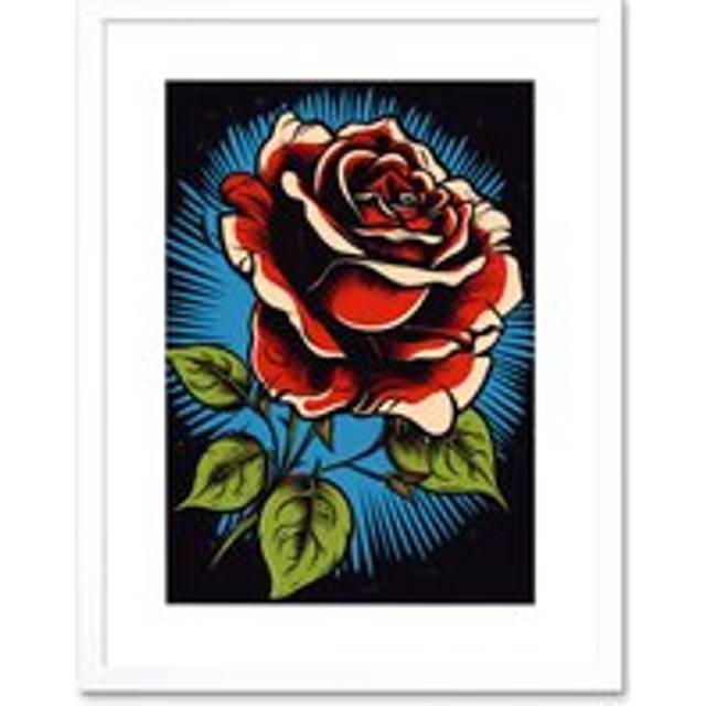 Wall Art Print A Blooming Rose Old School USA Tattoo Ink Body Art Rockabilly Americana 50s Artwork Framed 9X7 Inch - White - W7 inch x H9 inch