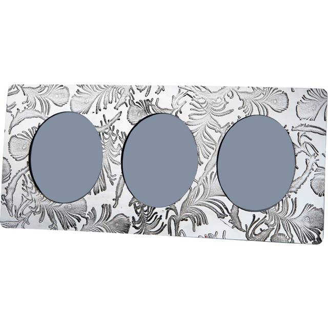 Triple Pewter Photo Frame Embossed Peacock Feather Pattern Takes Three 3 x 2 inch Picture Frames Rounded Corners Covered Back Perfect for Engraving