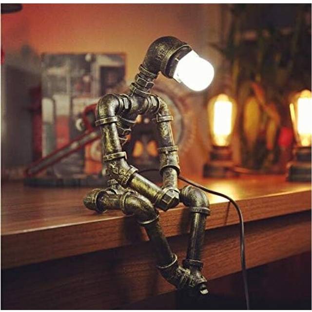 Steampunk Table Lamp,Retro Industrial Bronze Pipe Robot Desk Lamp(without bulb)