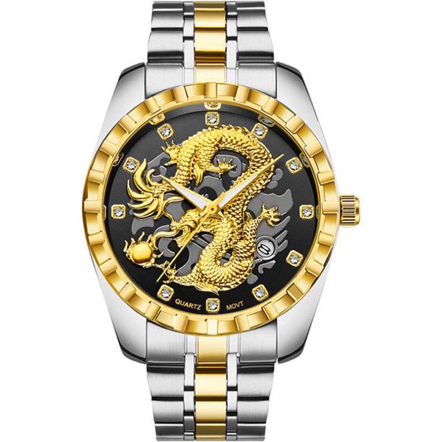 Quartz-watch Exquisite 3D Carving Dragon Watch Men Clock Diamond Dial Luminous Man Watch