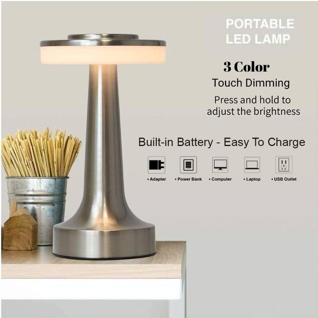 (Sliver Basic) LED Retro Bar Table Lamp Touch Sensor Wireless Desk Lamp USB Rechargble