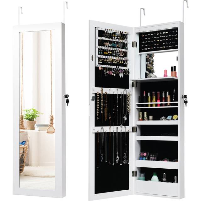 Wall-mounted Jewelry Storage Cabinet Door Hanging Armoire w/ Full Mirror - White