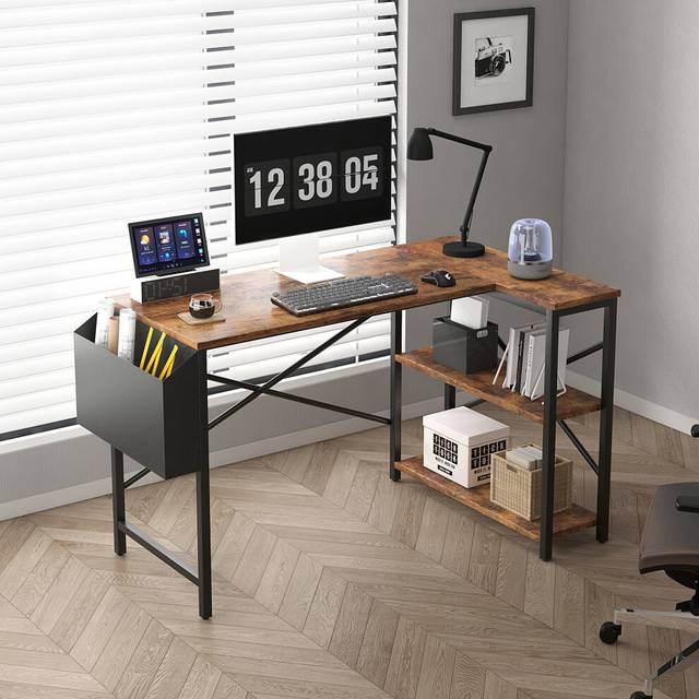 (120CM, Brown) Corner Desk L Shaped Reversible With Bookshelf