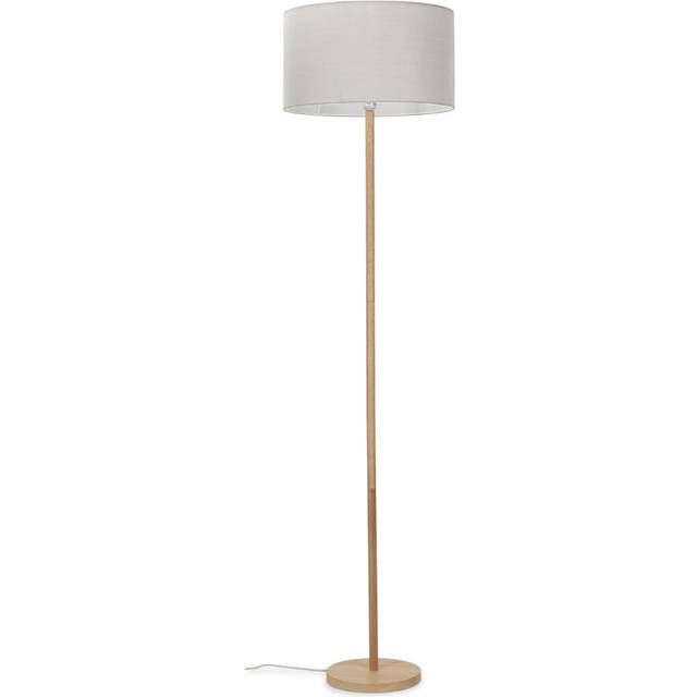 Modern Scandi Floor Lamp in a Light Wooden Finish with a Grey Drum Shade - Complete with a 6w LED GLS Bulb [3000K Warm White]