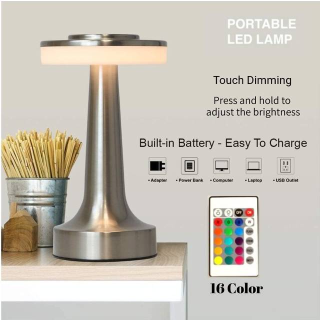 ( Sliver RGB) LED Retro Bar Table Lamp Touch Sensor Wireless Desk Lamp USB Rechargble