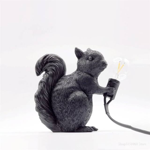 (Black) Cute Animal Night Lamp Kids Room Decoration Squirrel Night Lights Children Bedroom Decor Bedside Table Lights