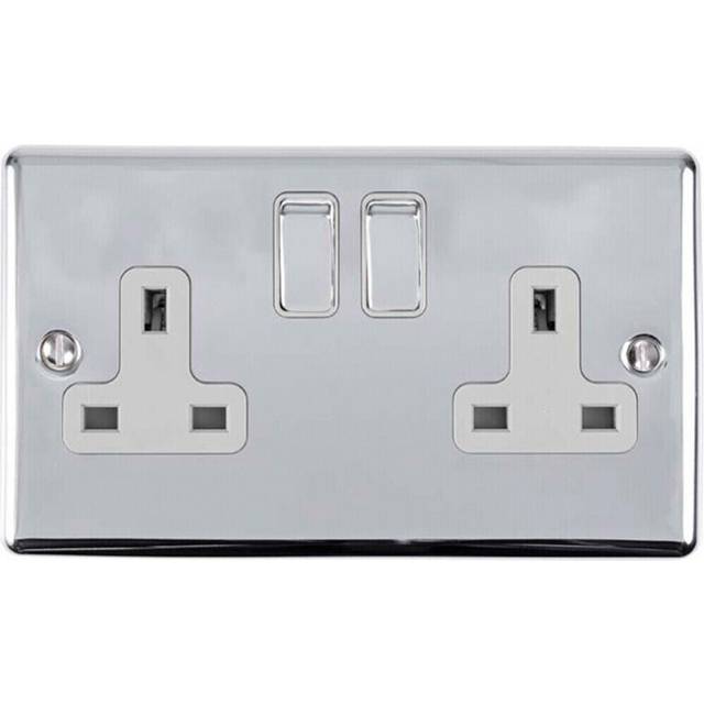 2 Gang Double UK Plug Socket POLISHED CHROME & White 13A Switched Power Outlet