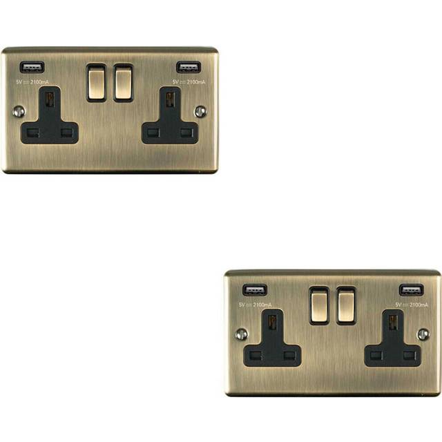 2 PACK 2 Gang Single UK Plug Socket & 2.1A USB ANTIQUE BRASS Black 13A Switched