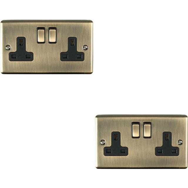 2 PACK 2 Gang Double UK Plug Socket ANTIQUE BRASS 13A Switched Power Outlet
