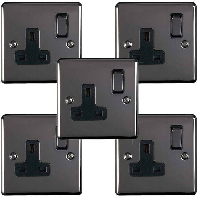 5 PACK 1 Gang Single UK Plug Socket BLACK NICKEL 13A Switched Power Outlet