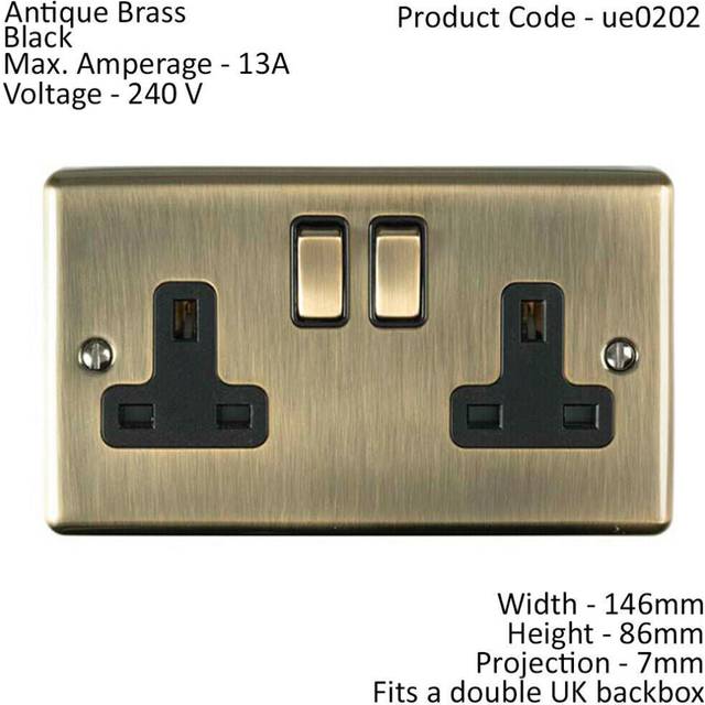2 Gang Double UK Plug Socket ANTIQUE BRASS 13A Switched Mains Wall Power Outlet