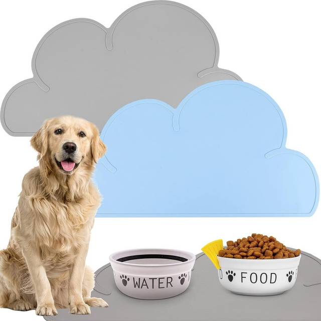 Setof2Dog Cat Feeding Mats Cat Placemats Cloud Silicone Dog Drinking Mats Cat Food Tray Non-Slip Silicone Pet Food Mats Waterproof with Raised Edge