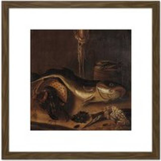 Van Doeff Still Life With Fish Crab Painting 8X8 Inch Square Wooden Framed Wall Art Print Picture with Mount - Brown - One Size
