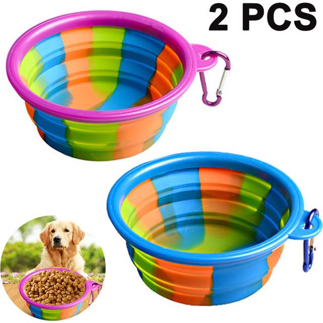 Collapsible Dog Bowls, 2 Pack Portable Foldable Cup Water Bowls With Carabiner Clip For Travel For Pet Cat Food Feeding-Blue+Purple