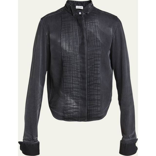 Loewe Womens Washed Black Pleated Wing-collar Denim Shirt 8 - WASHED BLACK