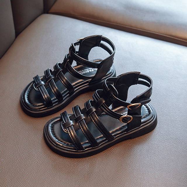 (Black#01, 01 UK 12 Kids) Girls Roman Sandals Rivet Strappy Flats Kids Summer Holiday Beach Princess Shoes