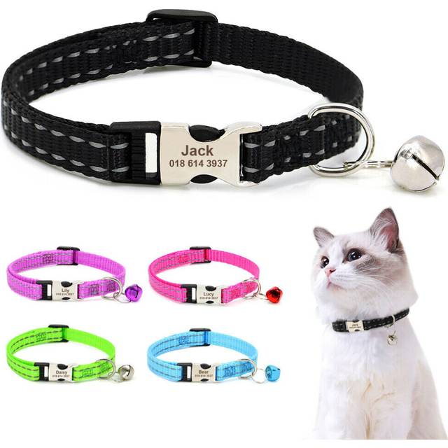 (Blue) Personalized Cat Adjustable Collar Engraved Name Metal Buckle & Bell Reflective
