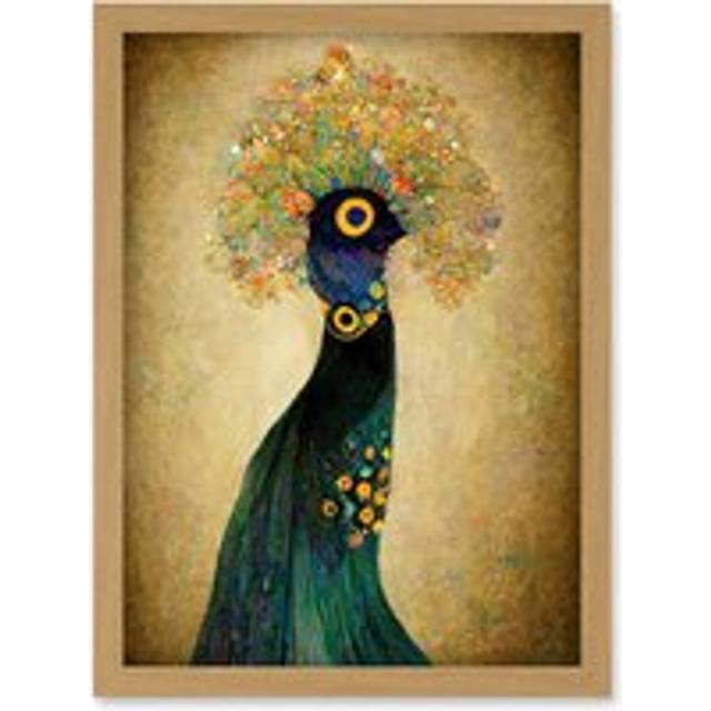 Elegant Peacock Portrait In Emerald And Gold Gustav Klimt Artwork Framed Wall Art Print A4 - Tan - One Size