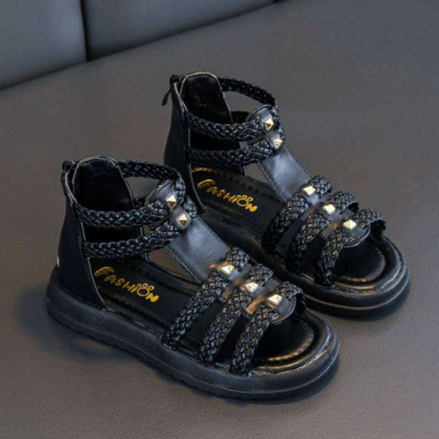 (Black strappy, UK 10 Kids) Girls Roman Sandals Rivet Strappy Flats Kids Summer Holiday Beach Princess Shoes