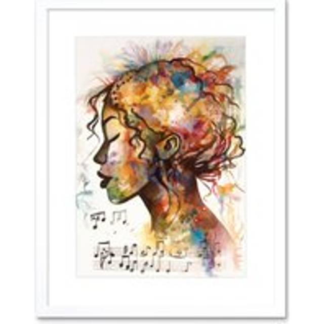 Wall Art Print Musical Meditation Synesthesia Woman Listening to Music Modern Watercolour Painting Artwork Framed 9X7 Inch - White - W7 inch x H9 inch