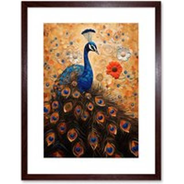 Wall Art Print Peacock Bird Gustav Klimt Style Oil Painting Gold Orange Blue Portrait with Flowers Artwork Framed 9X7 Inch - Brown - W7 inch x H9 inch