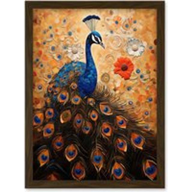Wall Art Print Peacock Bird Gustav Klimt Style Oil Painting Gold Orange Blue Portrait with Flowers Artwork Framed A4 - Brown - A4