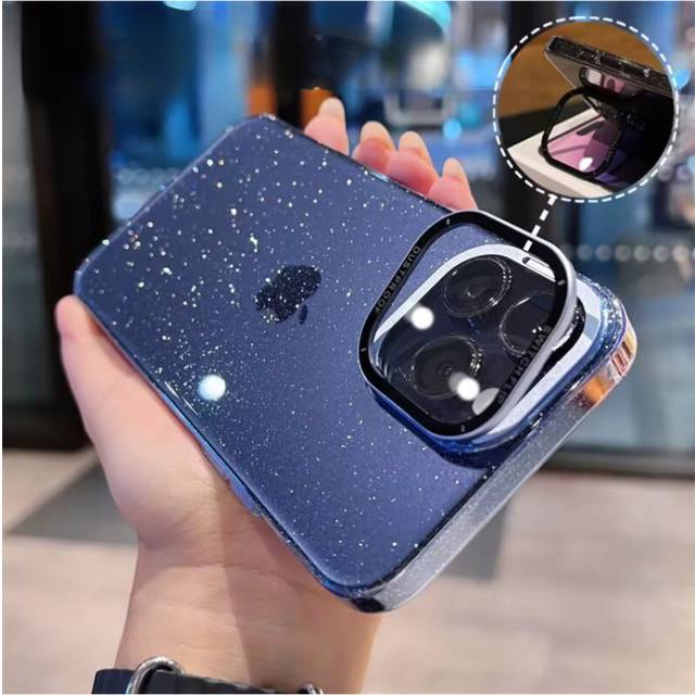 (iPhone 14 Pro) Luxury Camera Bracket Stand Case for iPhone Transparent Bling Glitter Phone Cases Hard Cover Blue