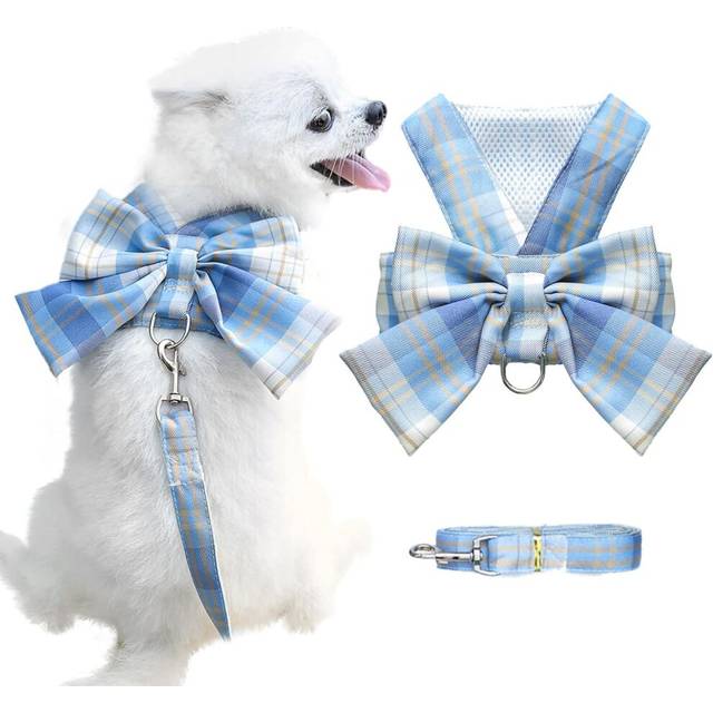 Dog Harness for Small Dogs with Bow Small Harness for Dogs with D-Ring Soft Mesh Adjustable Harness Set Puppy Pet Harness and Leash (Blue S)