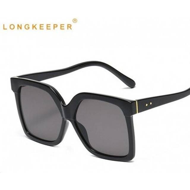 (Black Grey) LongKeeper Vintage Oversize Square Sunglasses Women Men Big Frame Rivet Sun Glasses Black Shades For Female UV400 Oculos