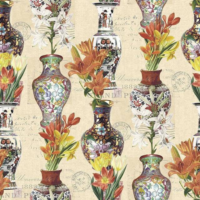 Kyoto Oriental Vases Flowers Wallpaper Cream Silver Metallic Holden Decor Imari