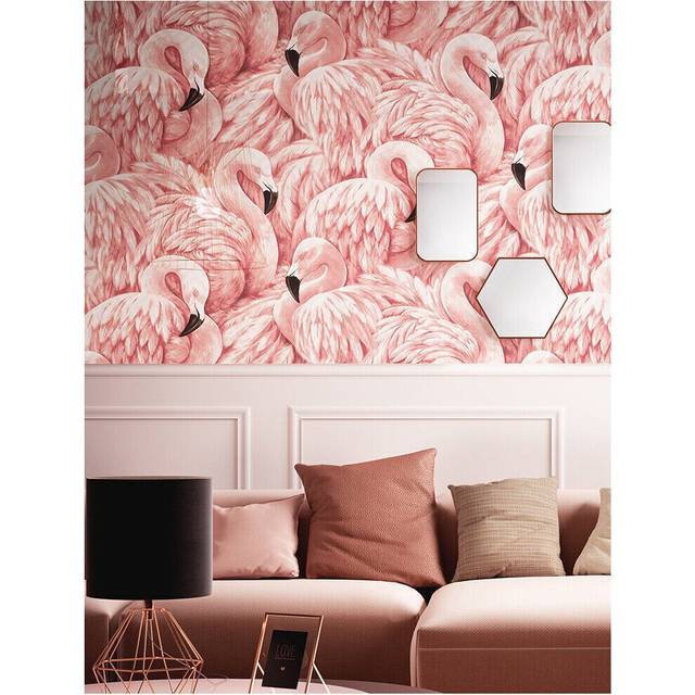 10M Romantic Elegant Pink Flamingo Feathers Non-woven Textured Wallpaper Roll