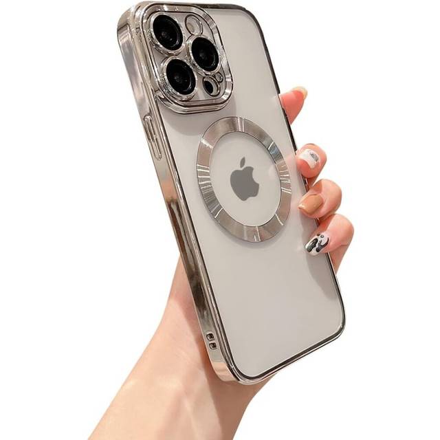 "iPhone 13 Pro Max Magnetic Clear with Camera Lens Case Full Protection MagSafe Electroplated Silicone Dust Screen Shockproof Case 6.7"" - Silver"