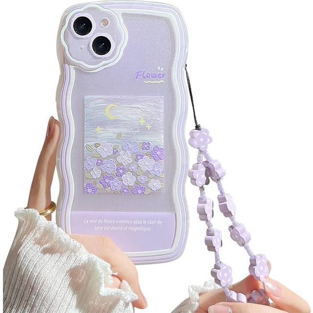 Compatible with iPhone 13 Cute Purple Floral Design Aesthetic Women Teen Girls Floral Lens Case iPhone 13 + Chain Flower